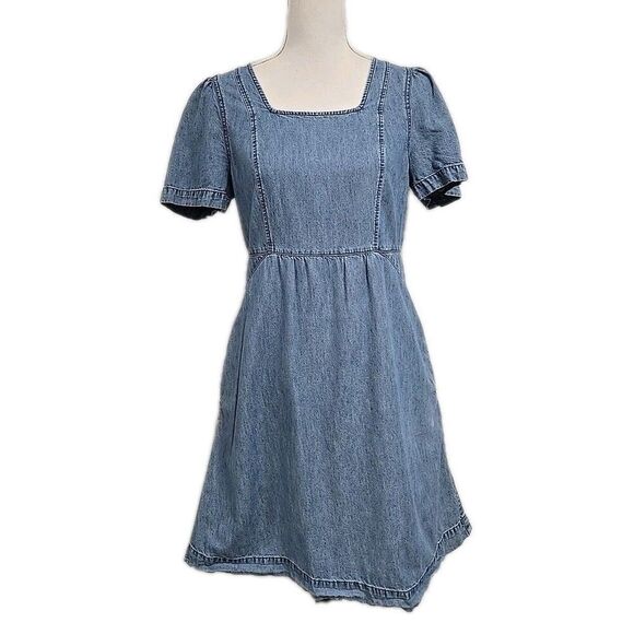 Madewell Denim Fluffer Sleeve Midi Dress Pocket Blue Amberley Women's Size 6 - Picture 2 of 9